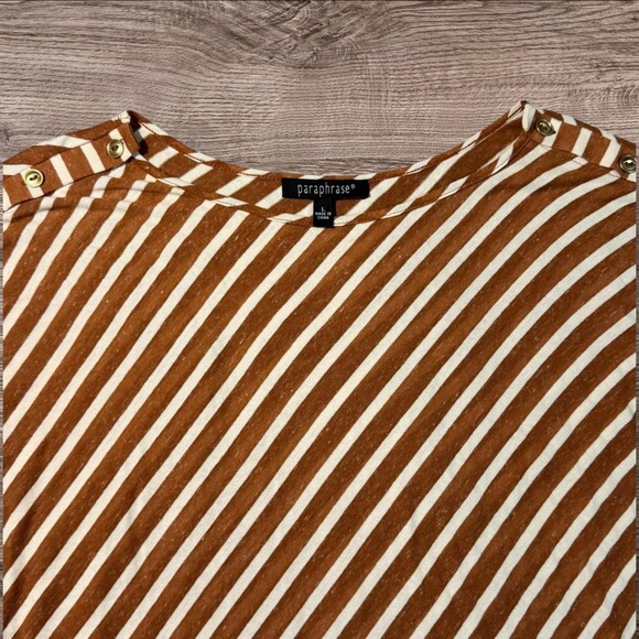 Paraphrase Striped Brown & White Striped Blouse w/ Gold Button Detail Size Large - Picture 3 of 5